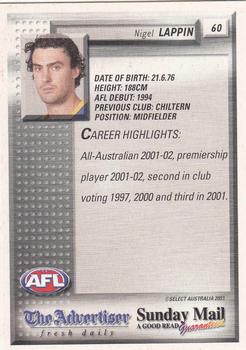 2003 Select The Advertiser-Sunday Mail AFL #60 Nigel Lappin Back